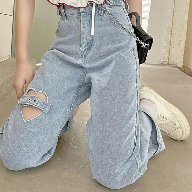 Plus Size Heart Love Thigh Strap Loose Wide Leg Trouser Pants Soft Cotton Denim Jeans - Image 2