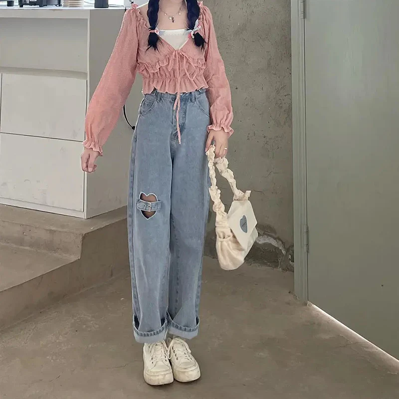 Plus Size Heart Love Thigh Strap Loose Wide Leg Trouser Pants Soft Cotton Denim Jeans - Image 3