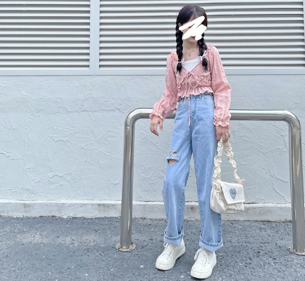 Plus Size Heart Love Thigh Strap Loose Wide Leg Trouser Pants Soft Cotton Denim Jeans - Image 6