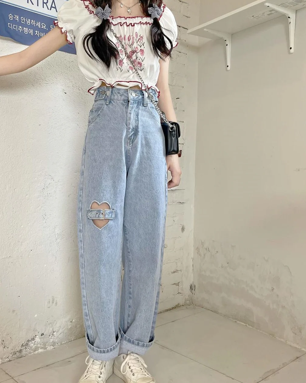 Plus Size Heart Love Thigh Strap Loose Wide Leg Trouser Pants Soft Cotton Denim Jeans - Image 7