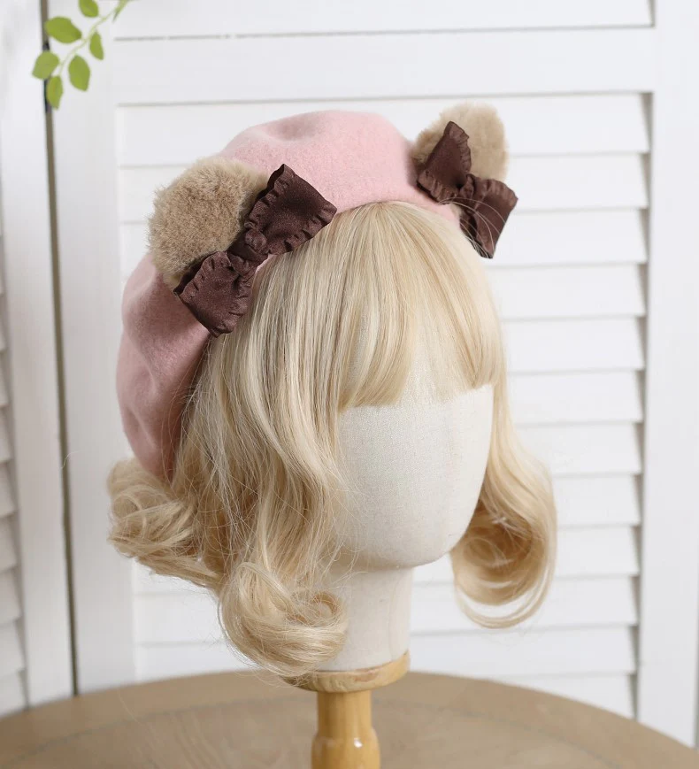 Cute Teddy Bear Ears with Bow Painter Beret Hat - Image 4