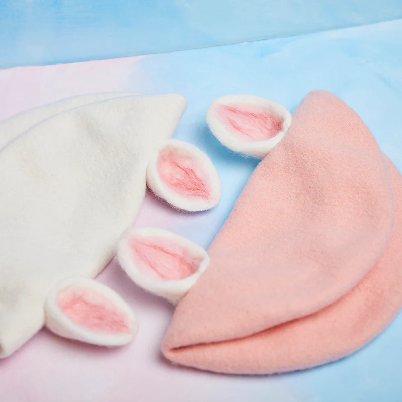 Cute White & Pink Animal Ears Wool Beret Hat - Image 3