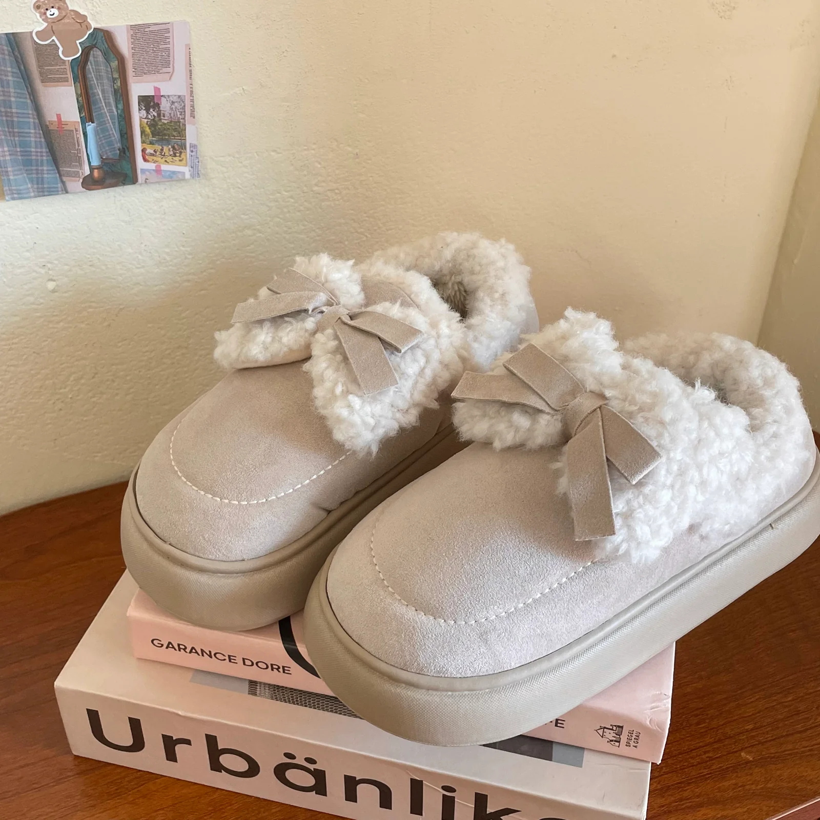 Cute Winter Plush Cotton Bow Pink Blue Khaki Slippers Shoes - Image 4