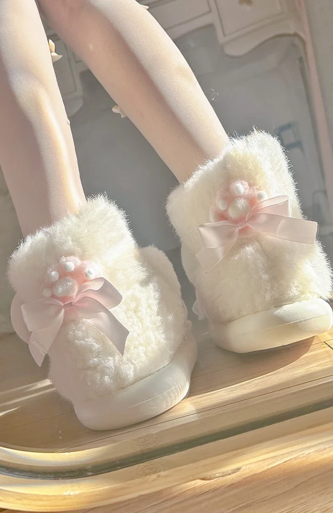 Pinky Cute Winter Plush Pink Bow Cat Ears Lace White Snow Boots Shoes - Image 4
