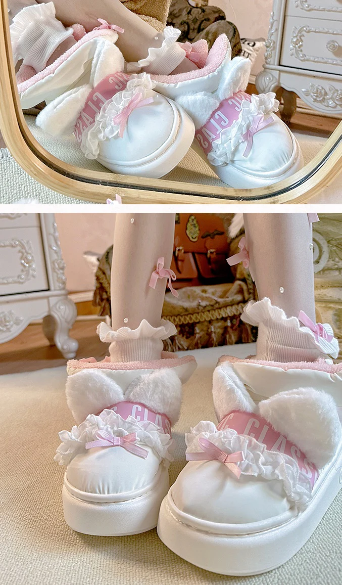 Pinky Cute Winter Plush Pink Bow Cat Ears White Snow Boots Shoes - Image 8