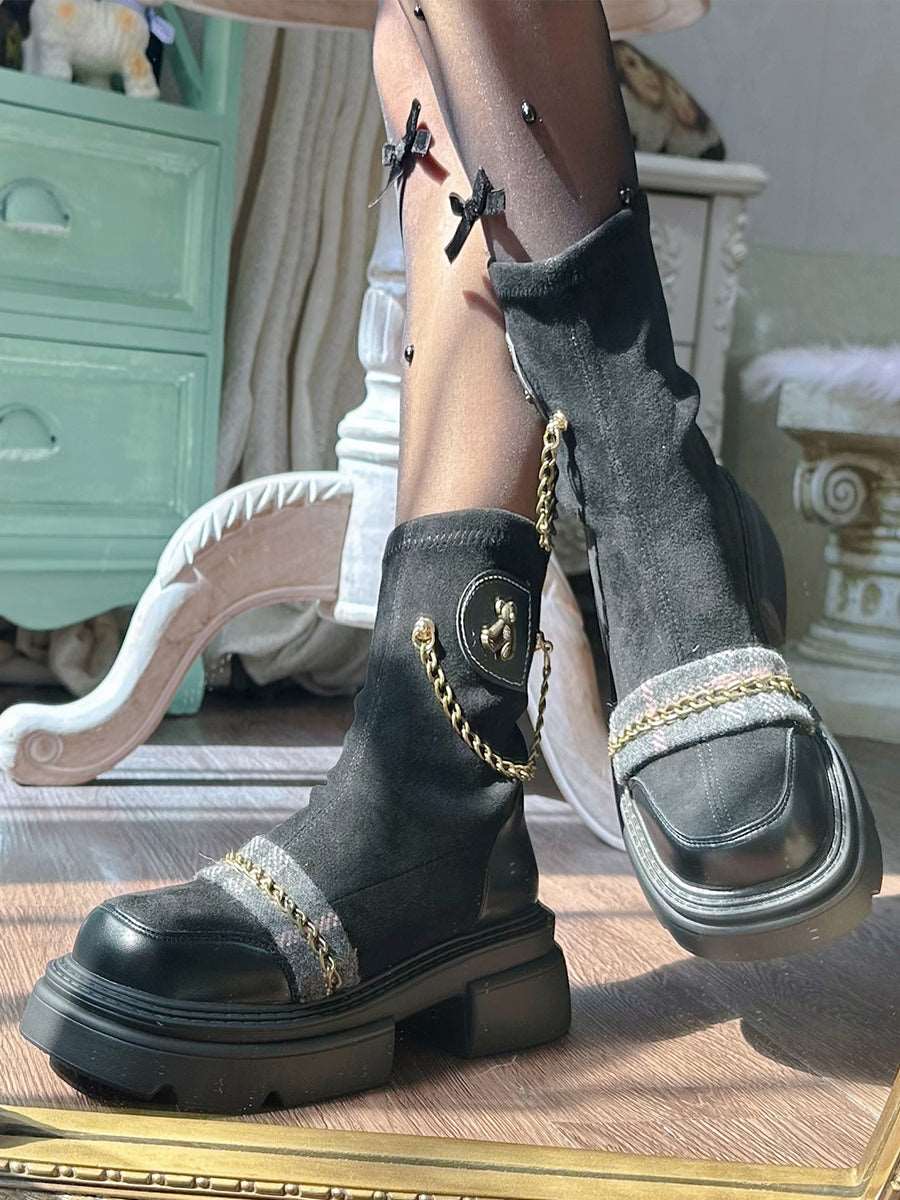 Pinky Dark Academia Winter Chains Black Brown Boots Shoes - Image 4