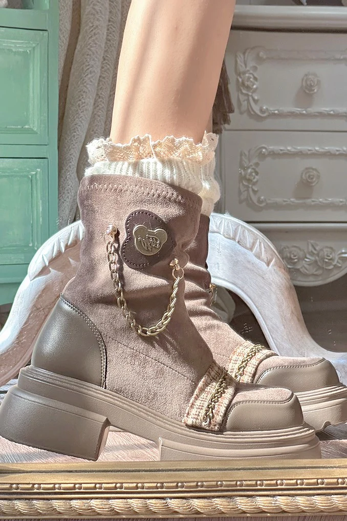 Pinky Dark Academia Winter Chains Black Brown Boots Shoes - Image 5