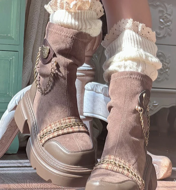 Pinky Dark Academia Winter Chains Black Brown Boots Shoes - Image 6