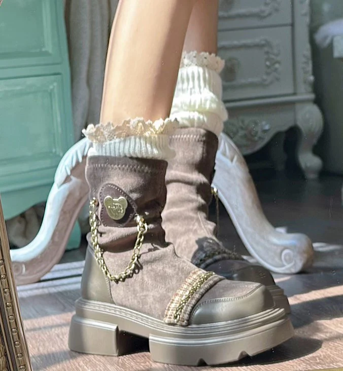 Pinky Dark Academia Winter Chains Black Brown Boots Shoes - Image 7