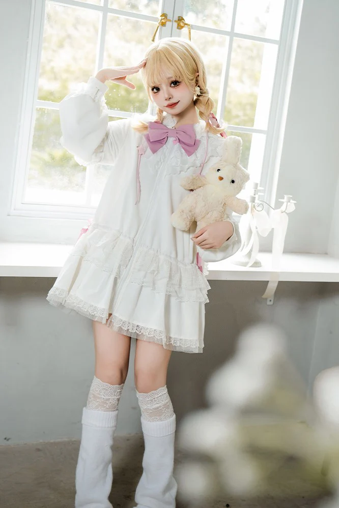 Universal Lolita Daydream Sweet Pink White Rabbit Ear Lolita Hooded Coat Dress - Image 3