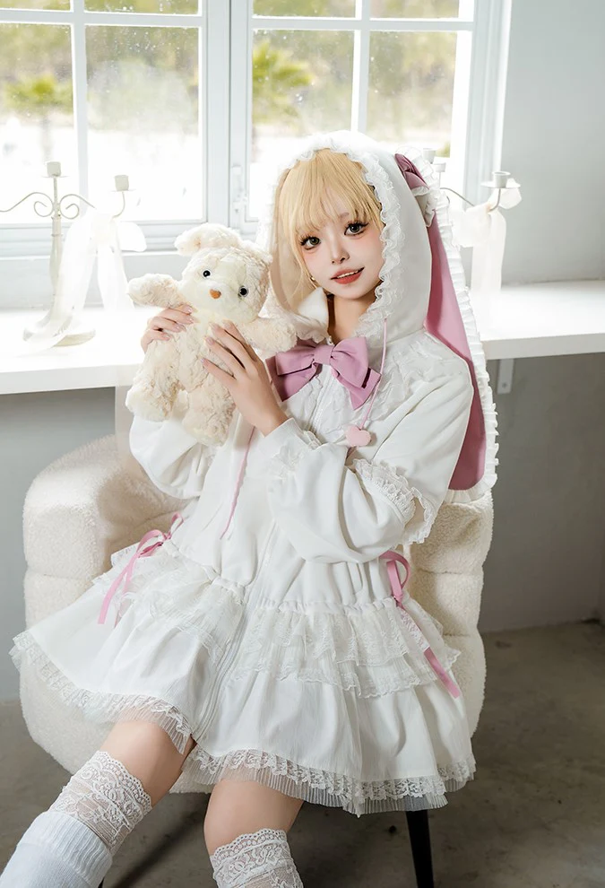 Universal Lolita Daydream Sweet Pink White Rabbit Ear Lolita Hooded Coat Dress - Image 4