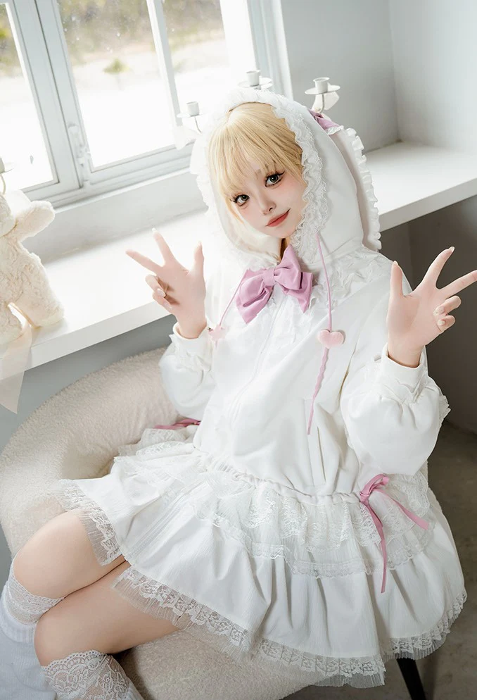 Universal Lolita Daydream Sweet Pink White Rabbit Ear Lolita Hooded Coat Dress - Image 5