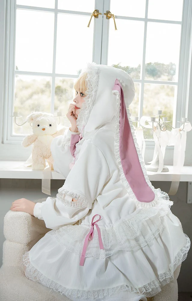 Universal Lolita Daydream Sweet Pink White Rabbit Ear Lolita Hooded Coat Dress - Image 6