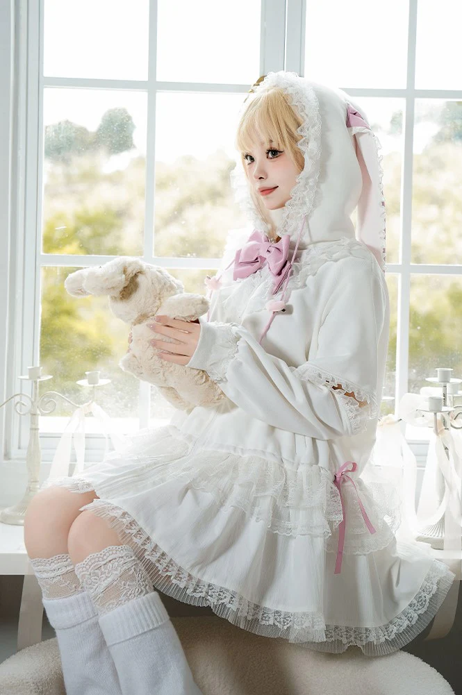 Universal Lolita Daydream Sweet Pink White Rabbit Ear Lolita Hooded Coat Dress - Image 7