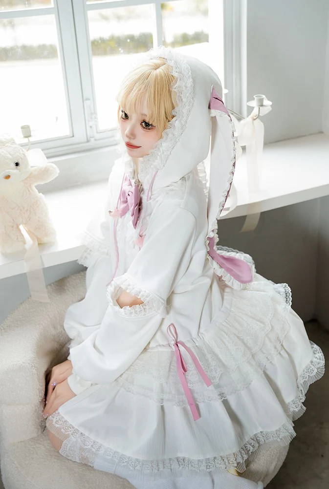 Universal Lolita Daydream Sweet Pink White Rabbit Ear Lolita Hooded Coat Dress - Image 8