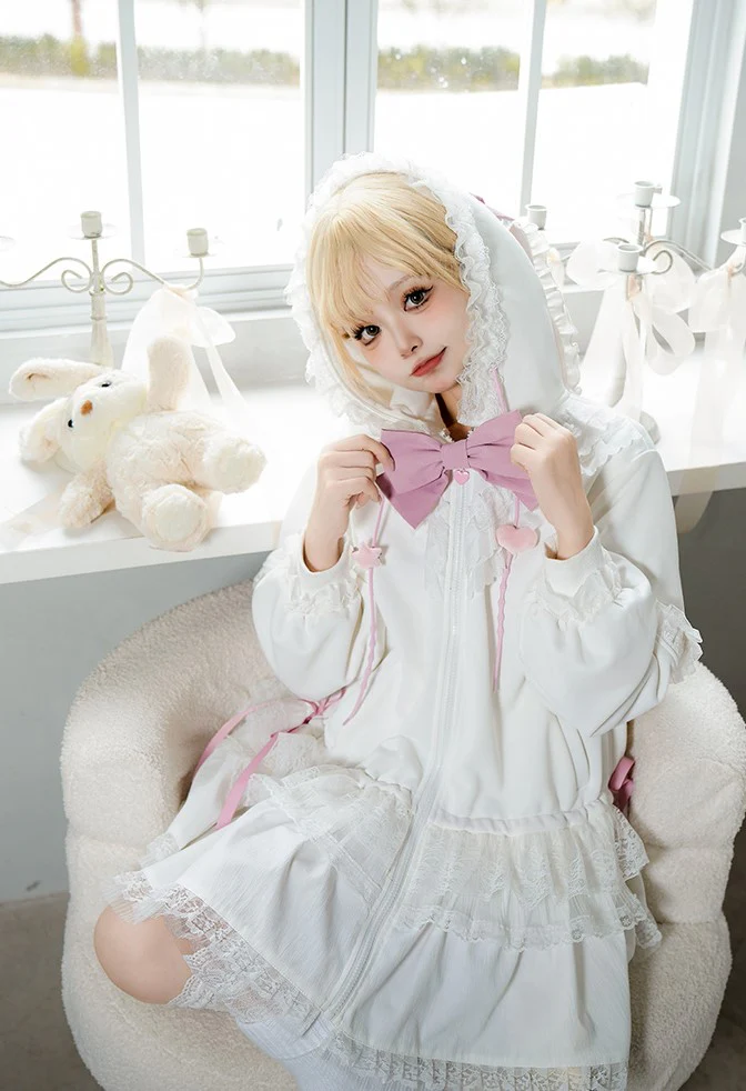 Universal Lolita Daydream Sweet Pink White Rabbit Ear Lolita Hooded Coat Dress - Image 9