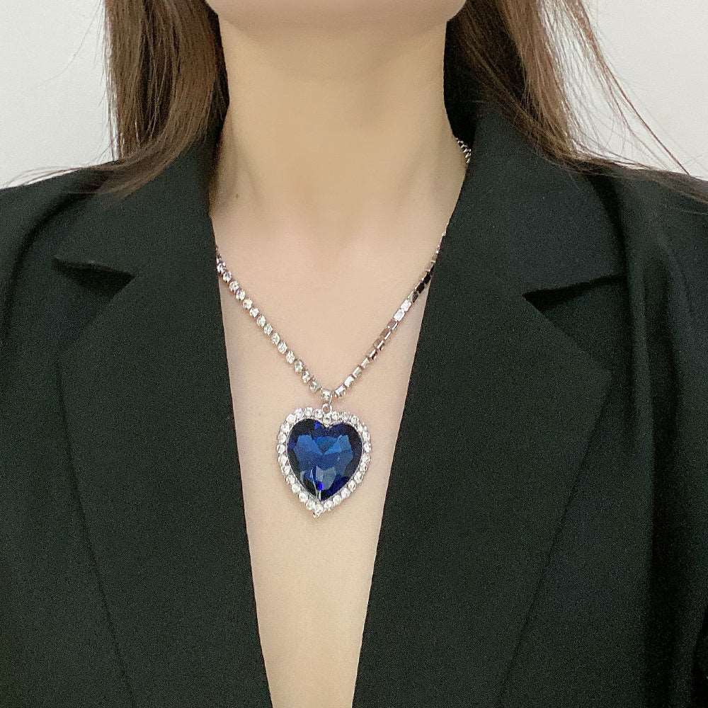 Deep Sea Ocean Blue Heart Sapphire Diamond Silver Chain Pendant Necklace - Image 3