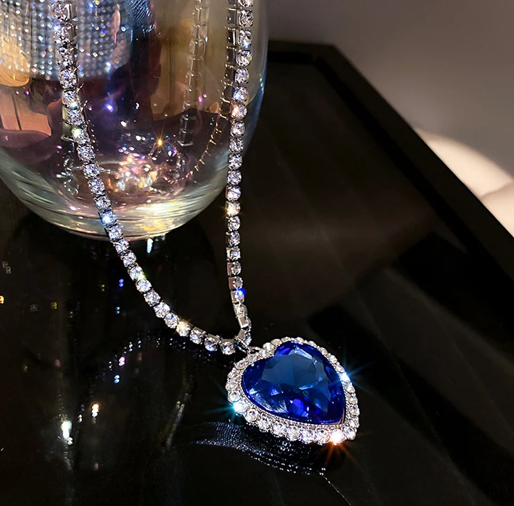 Deep Sea Ocean Blue Heart Sapphire Diamond Silver Chain Pendant Necklace - Image 4