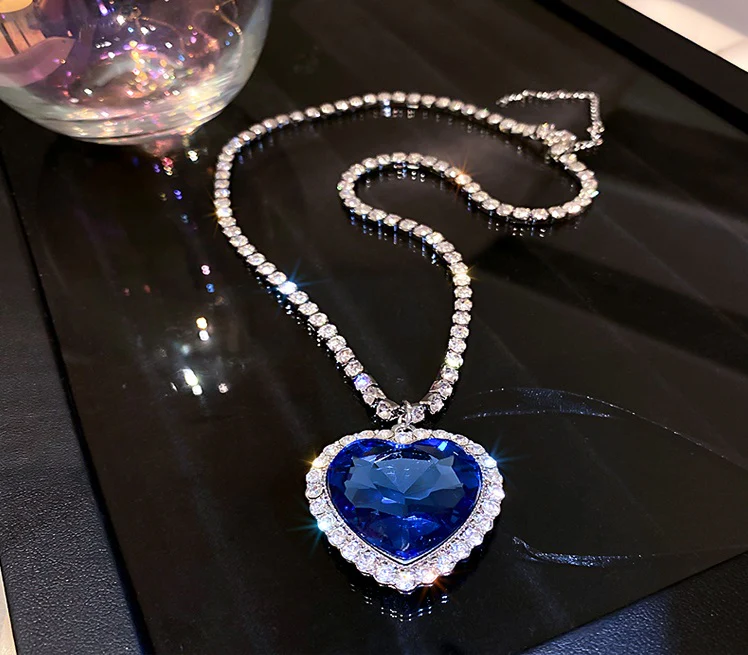 Deep Sea Ocean Blue Heart Sapphire Diamond Silver Chain Pendant Necklace - Image 5
