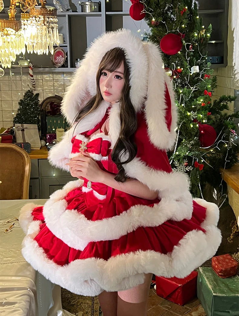 Diamond Sweetheart Christmas Red Angora Rabbit Dress Cape Two Piece Set - Image 3