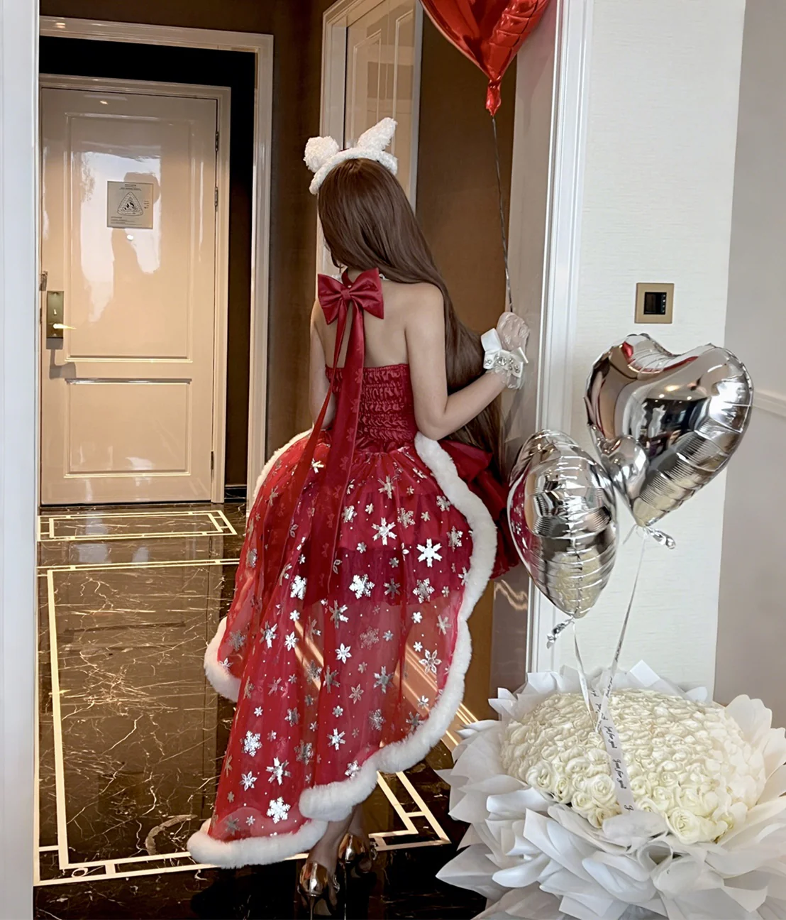 Diamond Sweetheart Christmas Red Angora Rabbit Dress Cape Two Piece Set - Image 7