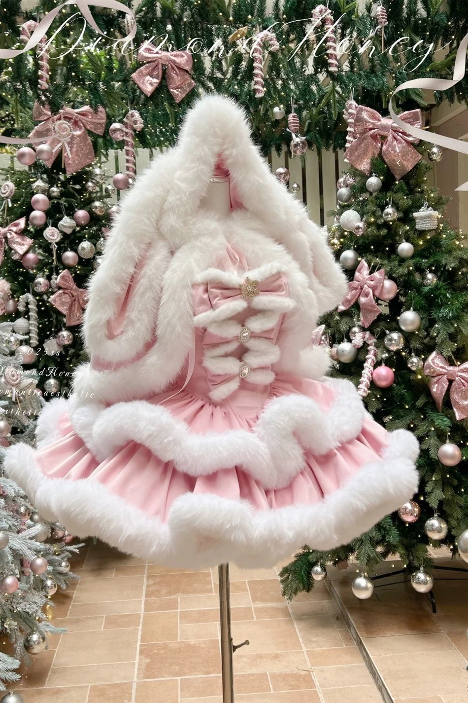 Diamond Sweetheart Pink Angora Rabbit Dress Cape Two Piece Set - Image 3