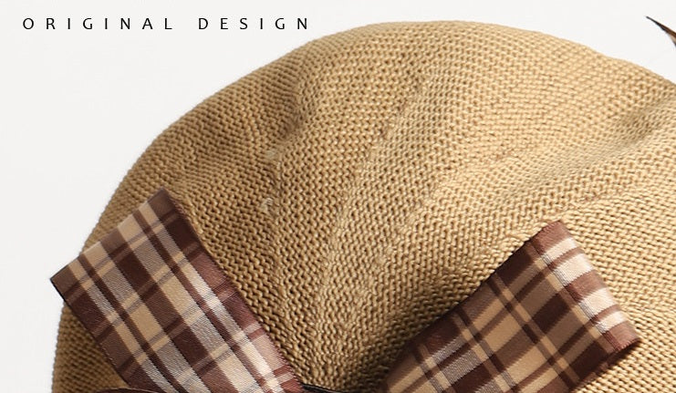 Doll Bow Summer Plaid Beret Hat - Image 6