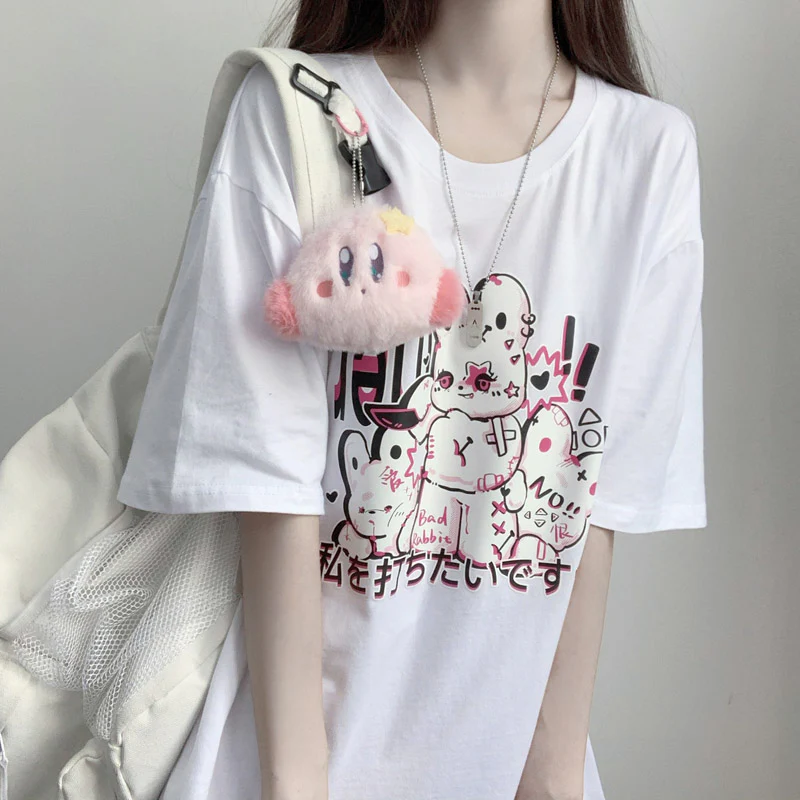 Don't Hit the Bunny Rabbit Black White Print Cotton Short Sleeved Oversize T-shirt - Image 2