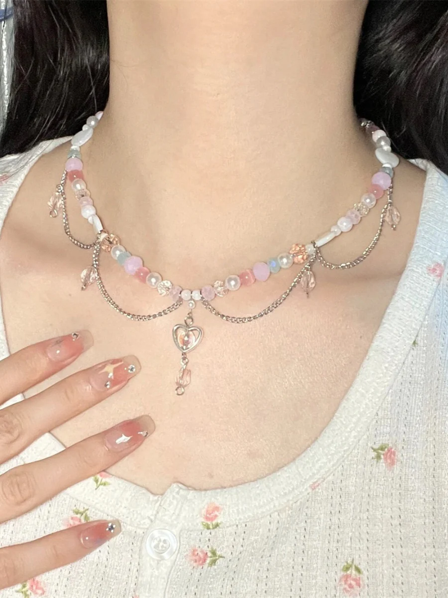Dopamine Pink Beads Heart Necklace - Image 4