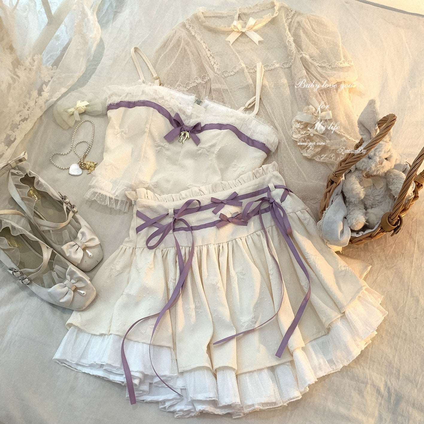 Dormir Doll Balletcore Sweet Coquette Pastel Soft Girl Purple Pink Blue Green Camisole & Skirt Two Piece Set - Image 5
