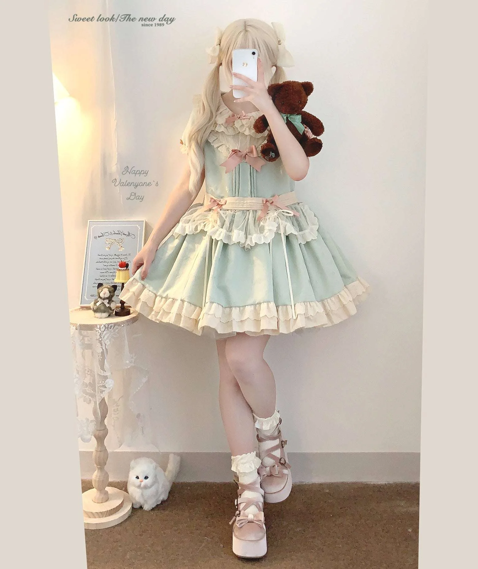 Dormir Doll Cheese Bow Pink Cream Green Puff Sleeve Dress - Image 7