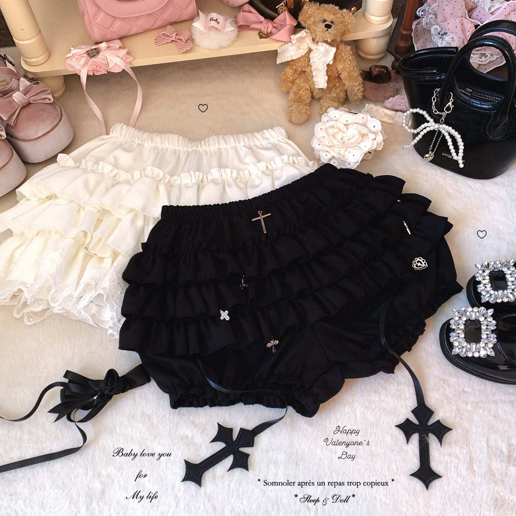 Dormir Doll Cross Ruffle Black & White Skirt Bloomers - Image 2