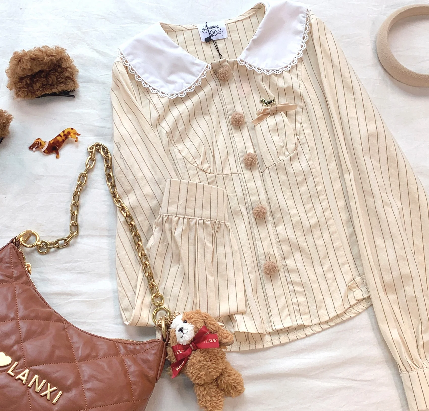 Dormir Doll Dachshund Puppy Bengal Stripe Doll Collar Cream Pink Shirt & Brown Shorts Two Piece Set - Image 5