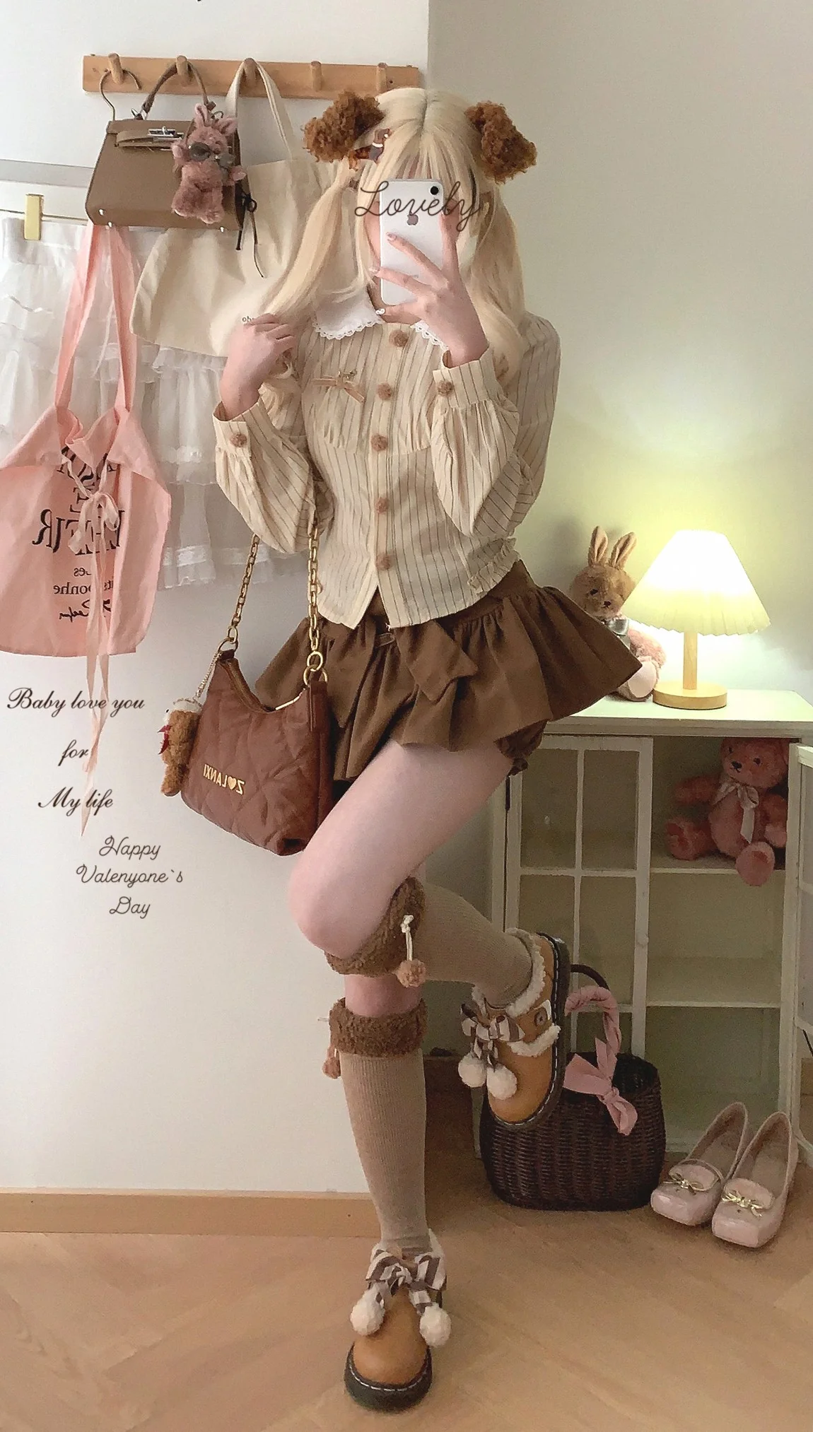 Dormir Doll Dachshund Puppy Bengal Stripe Doll Collar Cream Pink Shirt & Brown Shorts Two Piece Set - Image 6