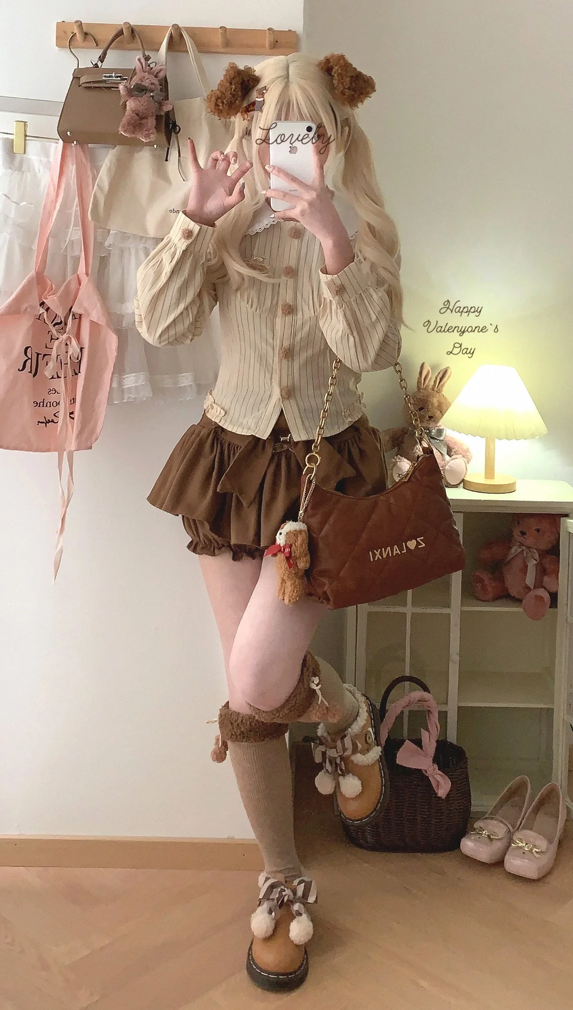 Dormir Doll Dachshund Puppy Bengal Stripe Doll Collar Cream Pink Shirt & Brown Shorts Two Piece Set - Image 7