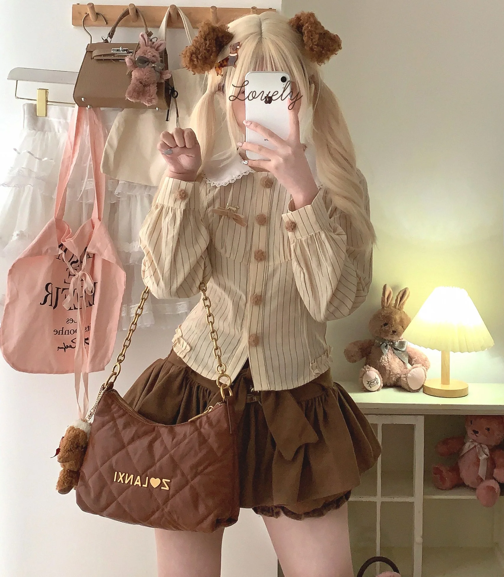 Dormir Doll Dachshund Puppy Bengal Stripe Doll Collar Cream Pink Shirt & Brown Shorts Two Piece Set - Image 8