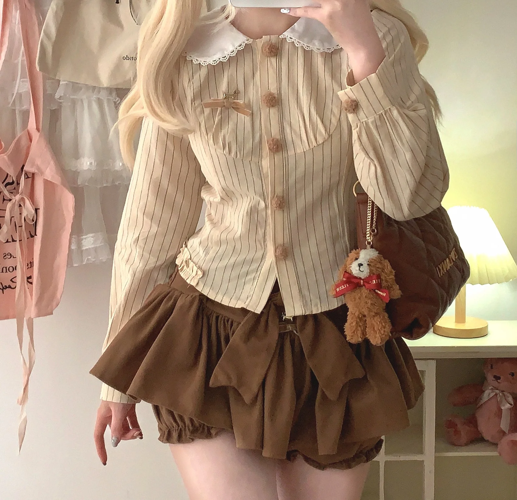 Dormir Doll Dachshund Puppy Bengal Stripe Doll Collar Cream Pink Shirt & Brown Shorts Two Piece Set - Image 9