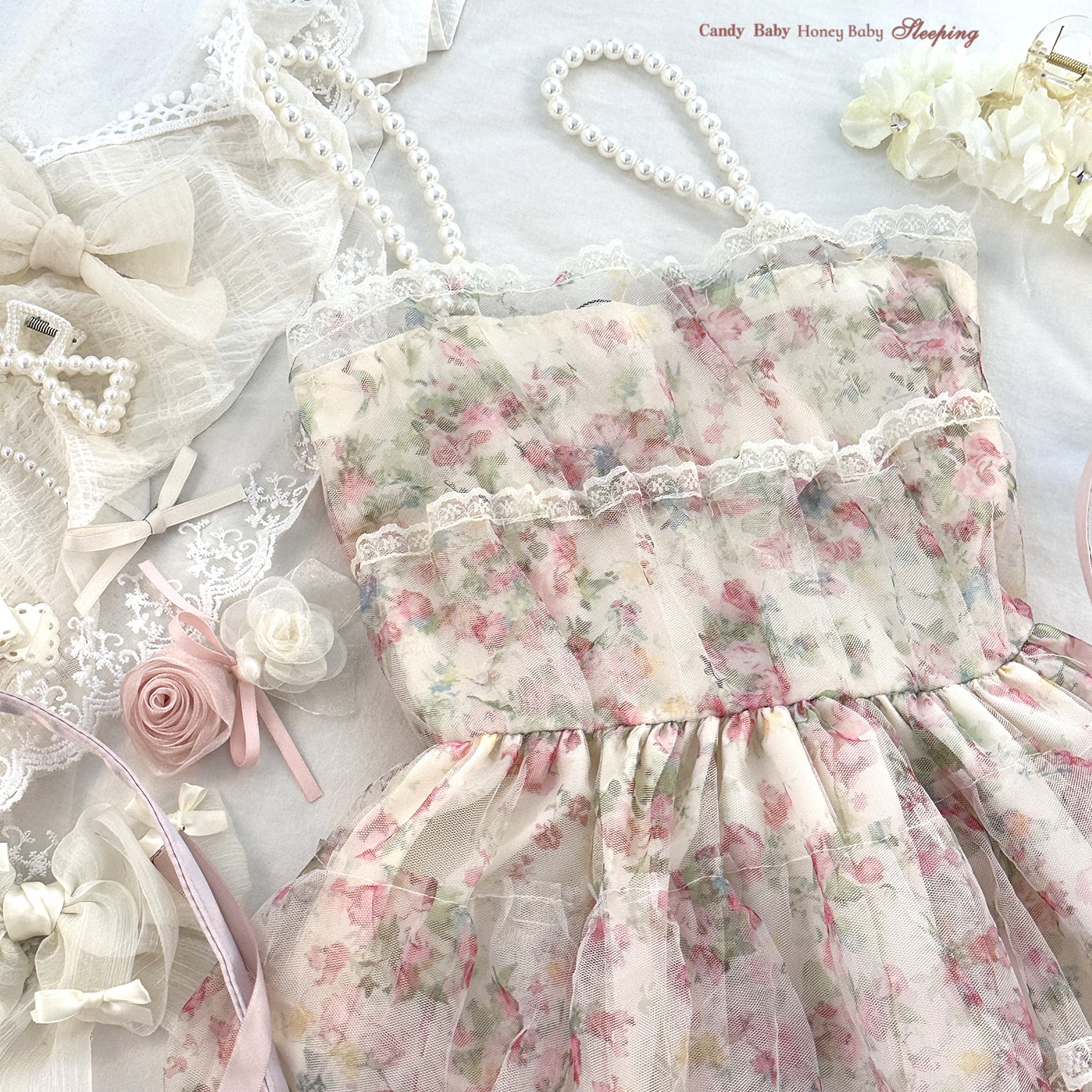 Dormir Doll Floral Rose Ruffled Pearl Strap Dress - Image 8