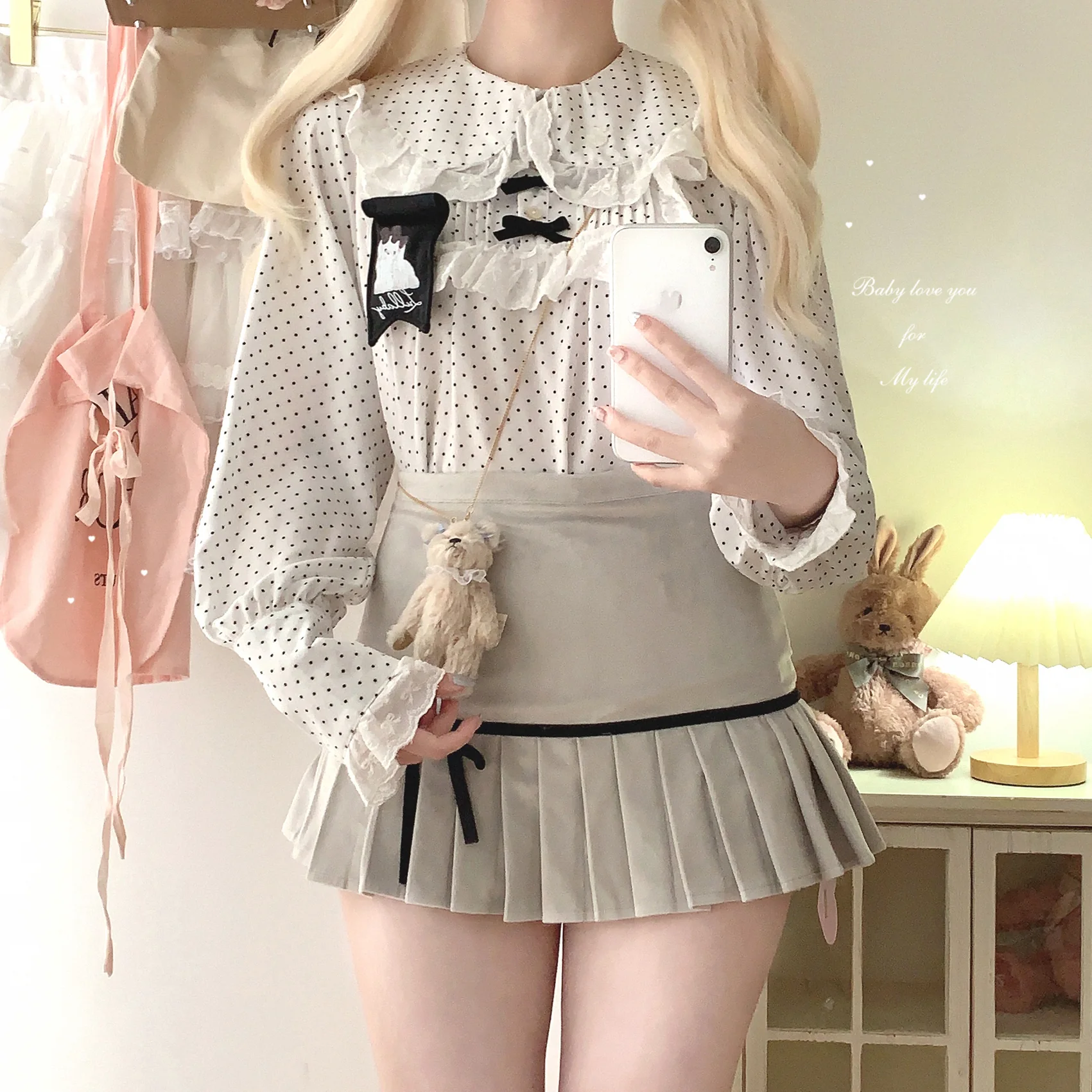Dormir Doll Fritillaria White & Gray Bow Coquette Pleated Mini Skirt - Image 3