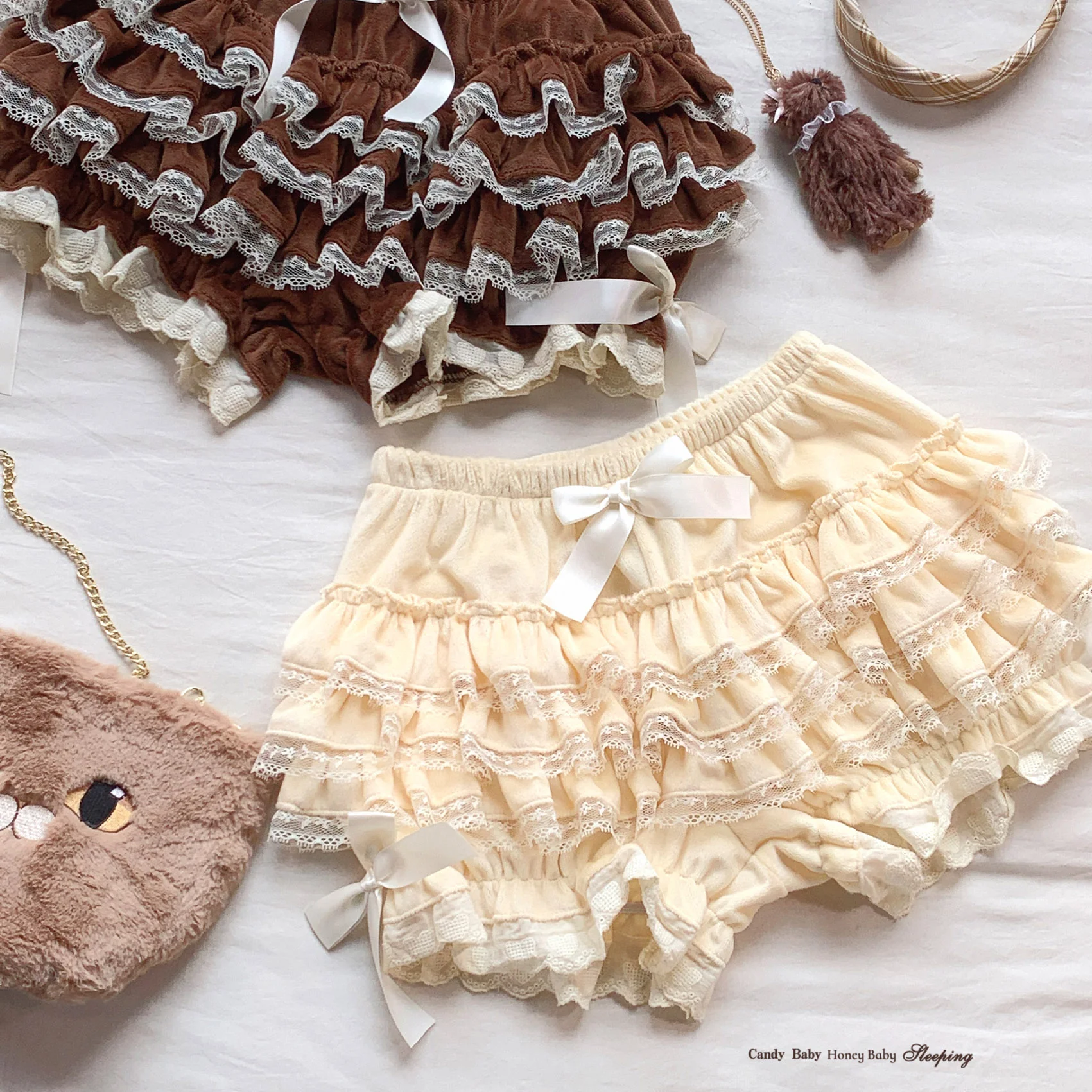 Dormir Doll Lolita Winter Velvet Lace Ruffled Black Brown Cream Bloomers Shorts - Image 7