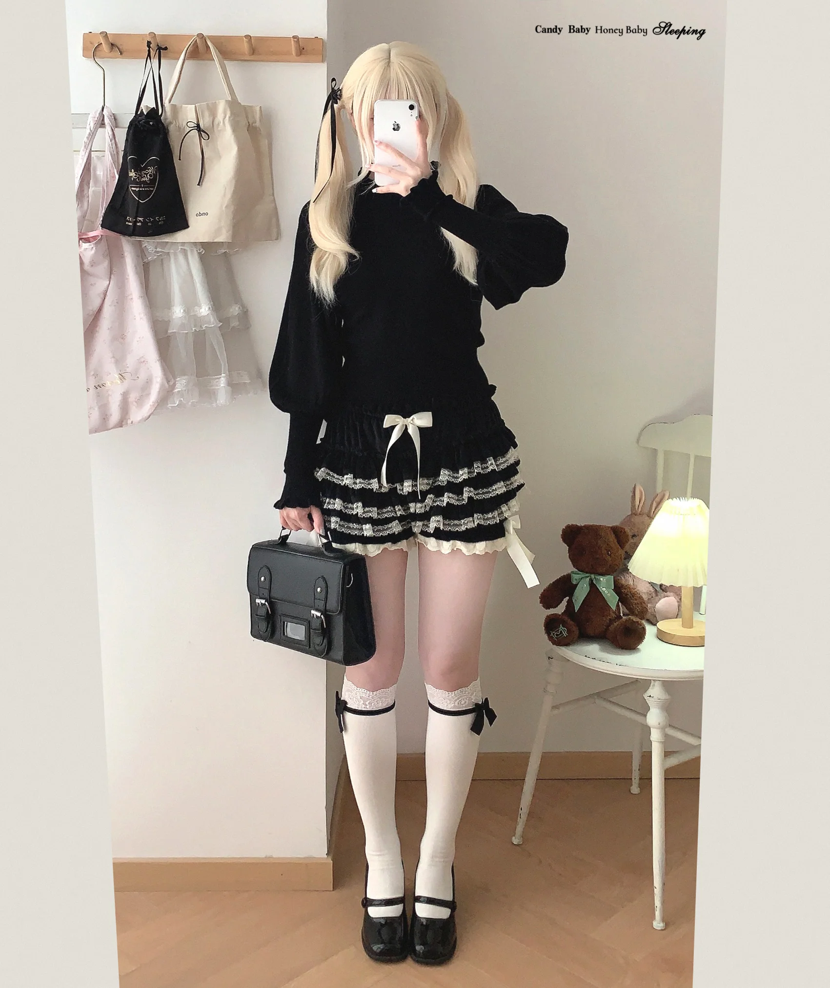 Dormir Doll Lolita Winter Velvet Lace Ruffled Black Brown Cream Bloomers Shorts - Image 9