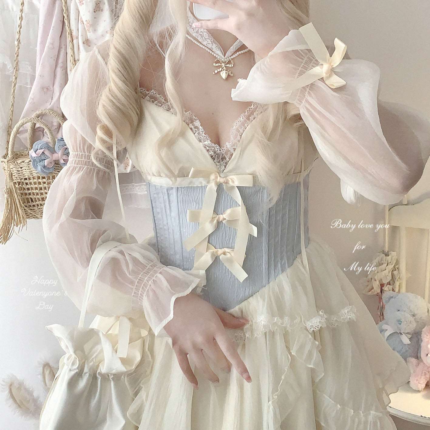Dormir Doll Princess of Clouds and Mists Lace Bow Strap Dress & Cardigan Two Piece Set - Image 10