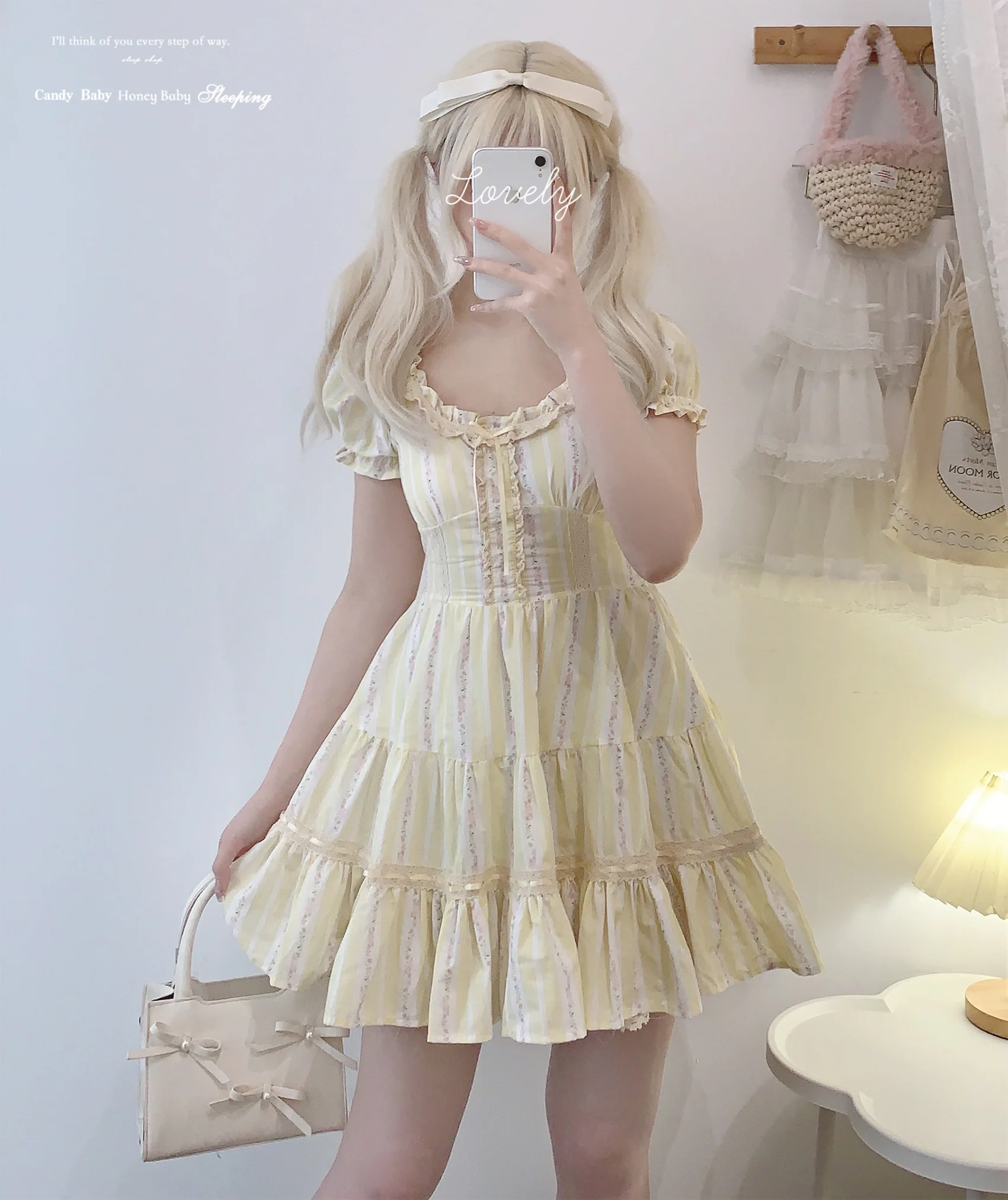 Dormir Doll Romantic Summer Floral Pink Blue Yellow Puff Sleeve Dress - Image 3