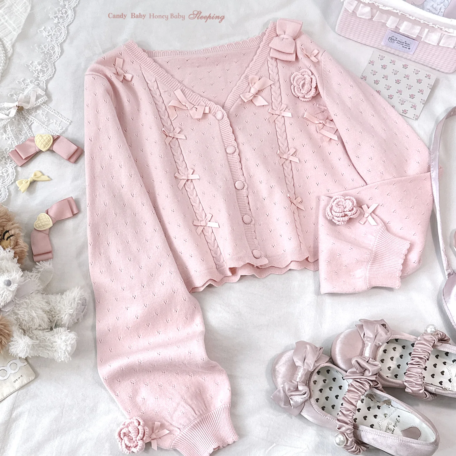 Dormir Doll Rose Pink Beige Green Red Knit Cardigan - Image 2