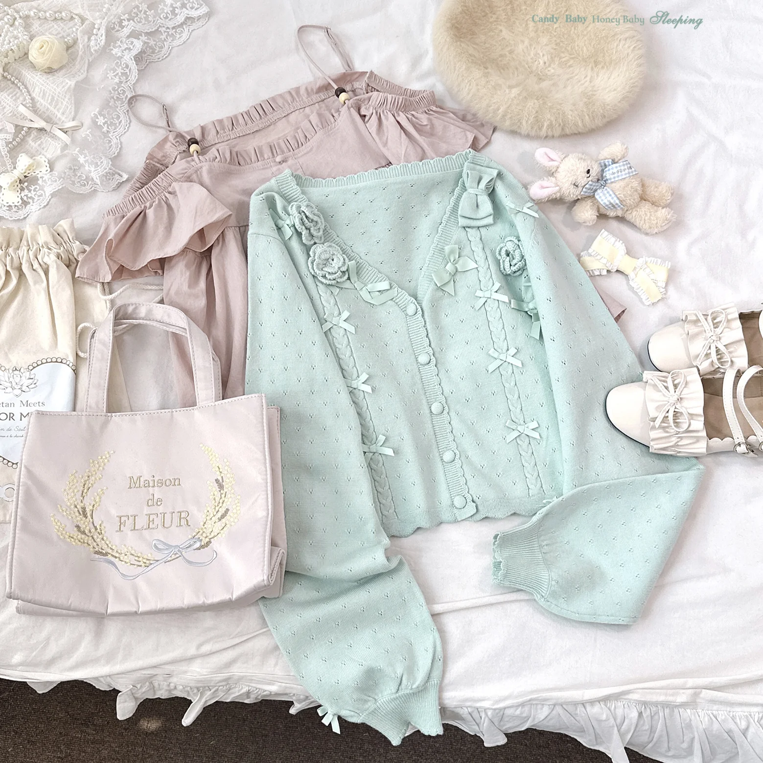 Dormir Doll Rose Pink Beige Green Red Knit Cardigan - Image 3