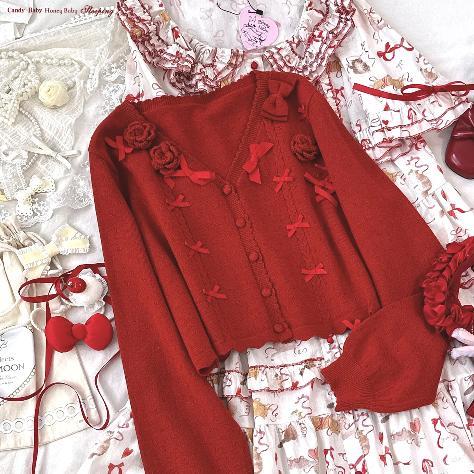 Dormir Doll Rose Pink Beige Green Red Knit Cardigan - Image 4