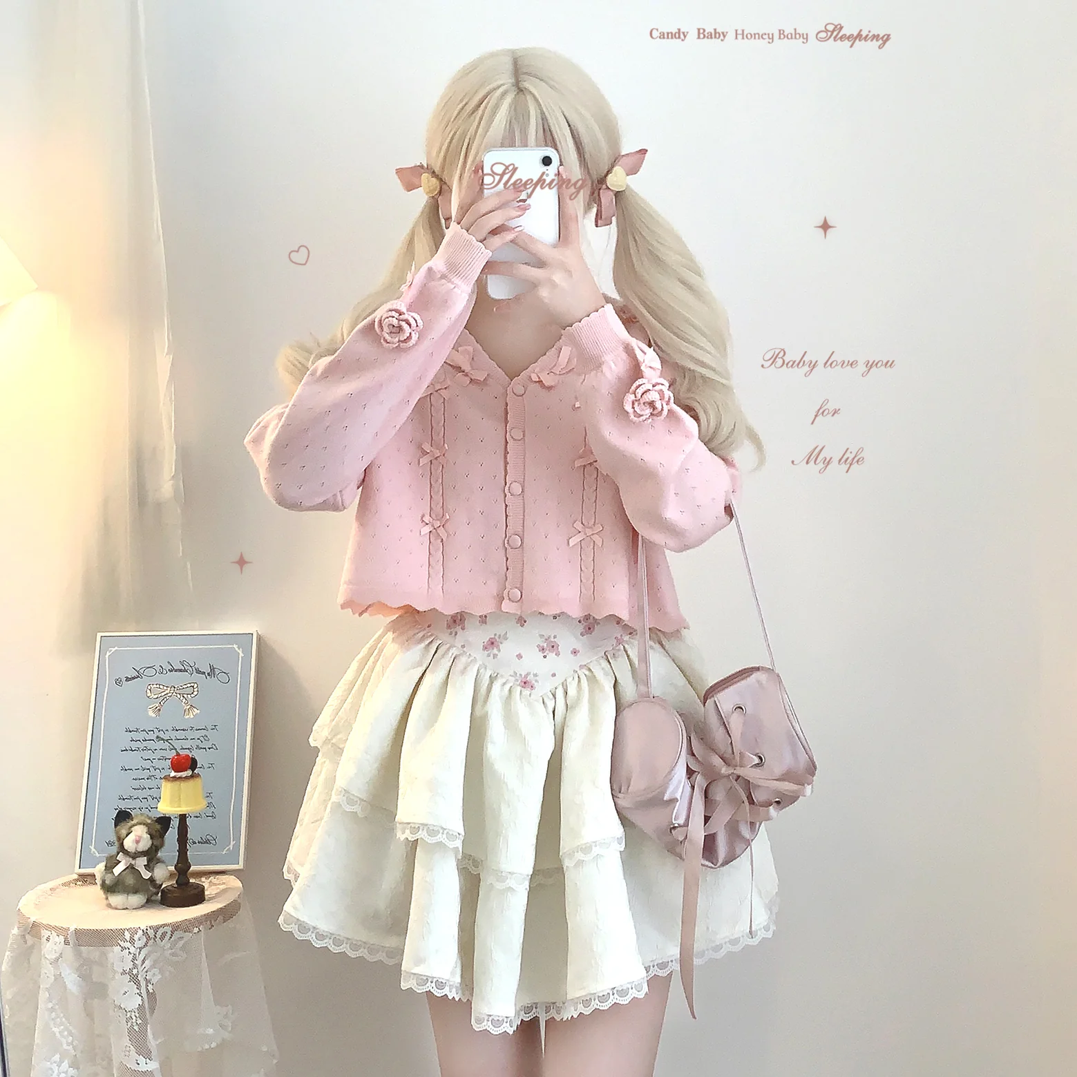 Dormir Doll Rose Pink Beige Green Red Knit Cardigan - Image 5