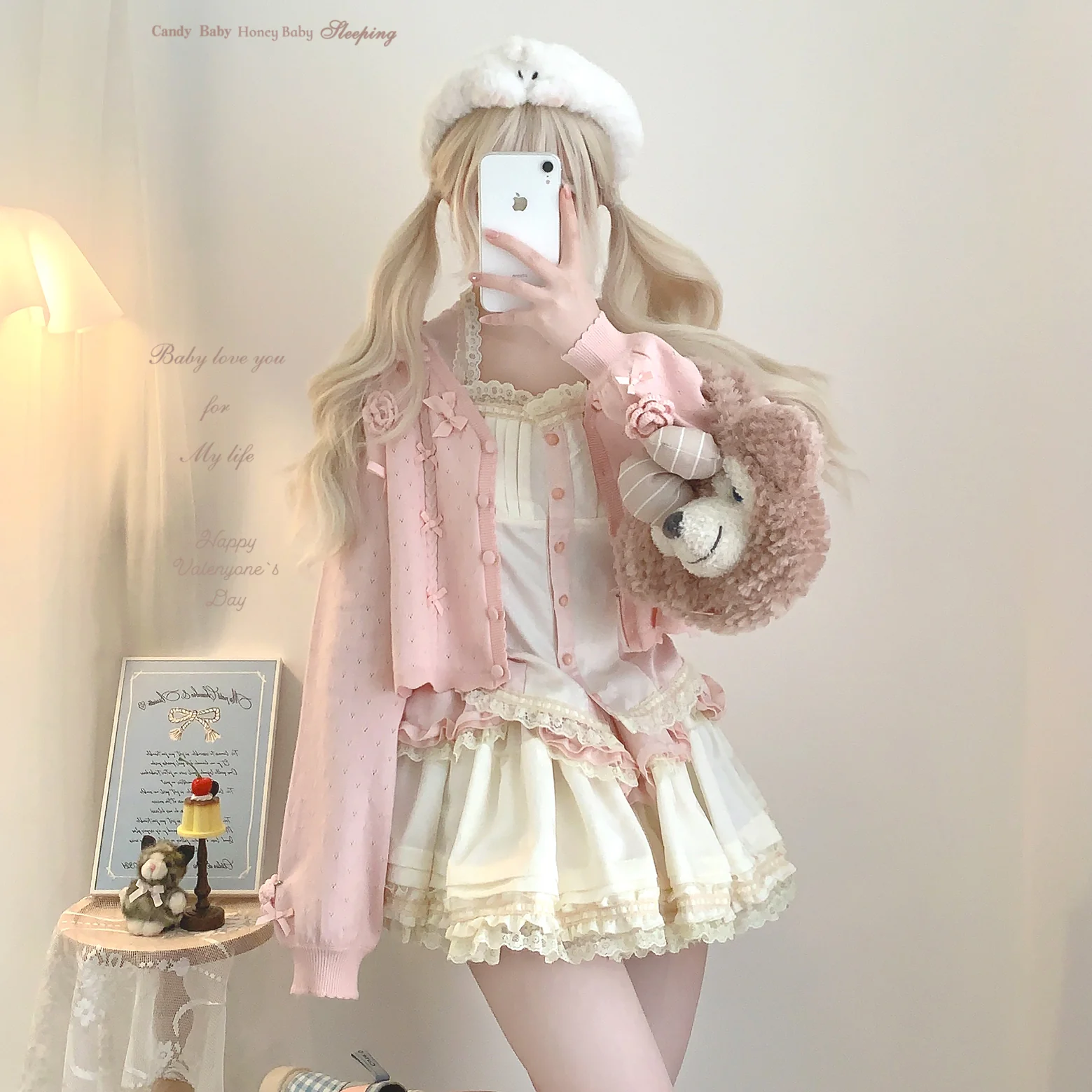 Dormir Doll Rose Pink Beige Green Red Knit Cardigan - Image 6