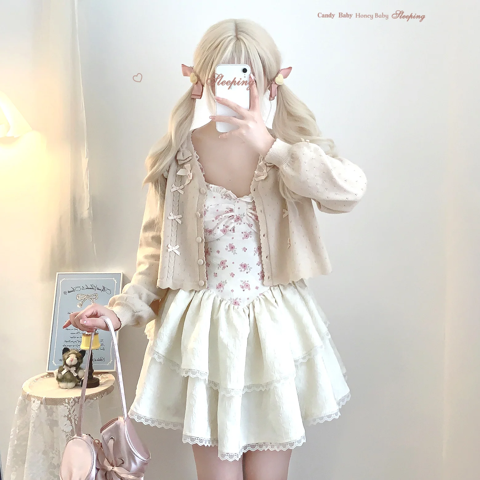 Dormir Doll Rose Pink Beige Green Red Knit Cardigan - Image 7