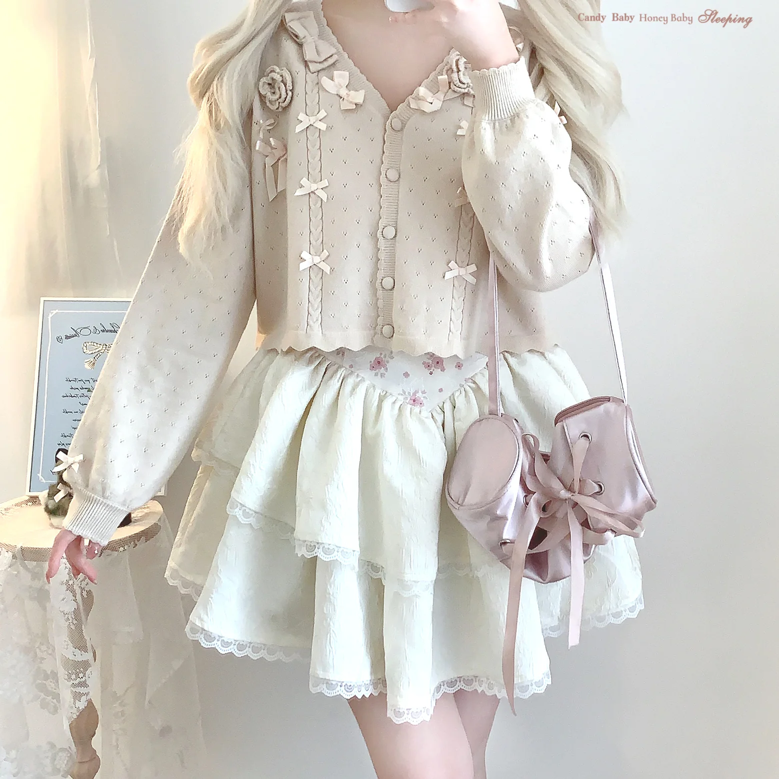 Dormir Doll Rose Pink Beige Green Red Knit Cardigan - Image 8